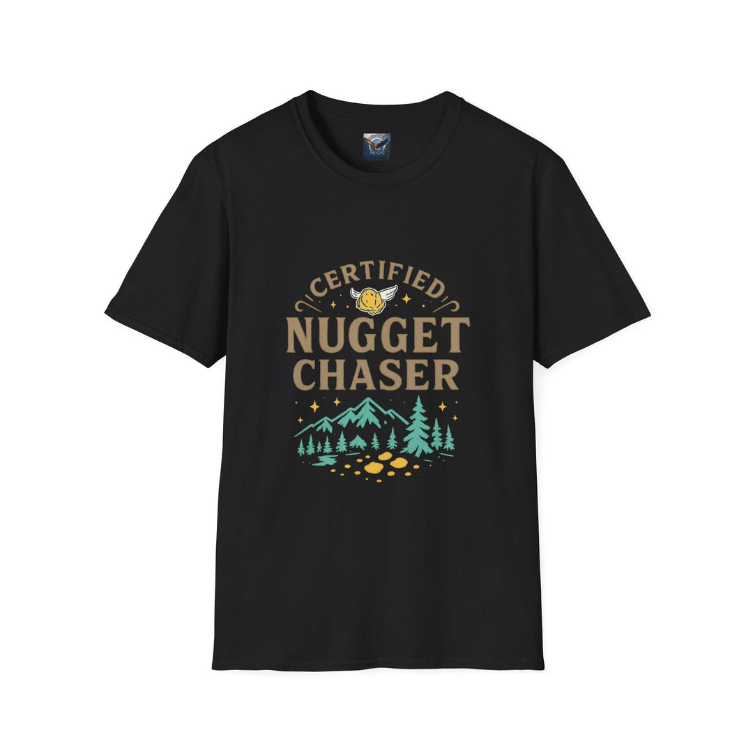 Black t-shirt with 'Certified Nugget Chaser' design, uniex t-shirt