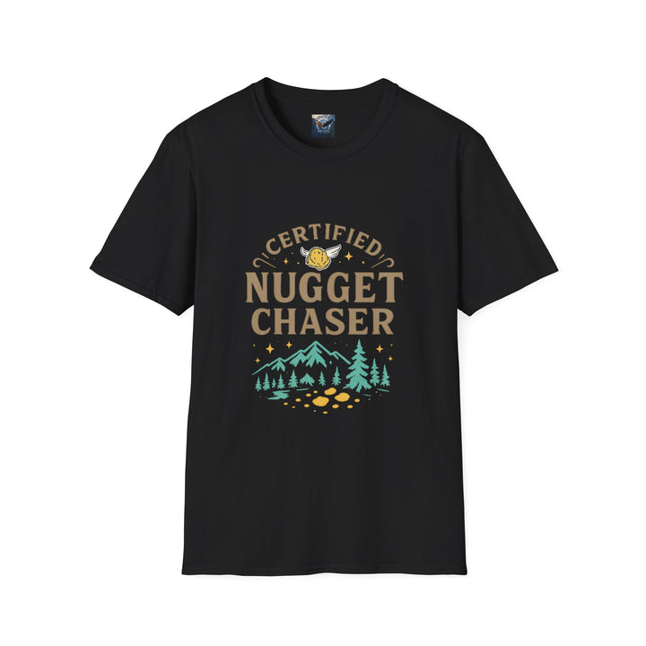 Black t-shirt with 'Certified Nugget Chaser' design, uniex t-shirt
