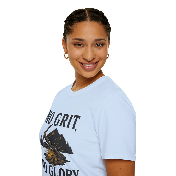 Person wearing a light blue No Grit, No Glory t-shirt 