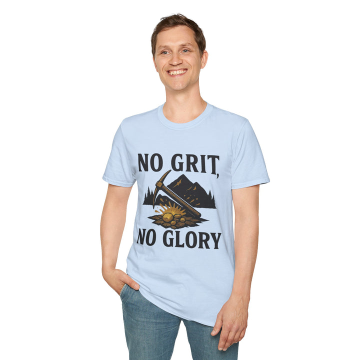 Person wearing a light blue No Grit, No Glory t-shirt 