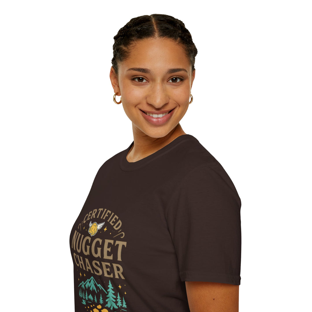 Female model  wearing a brown t-shirt with 'Certified Nugget Chaser' text and graphics, side view