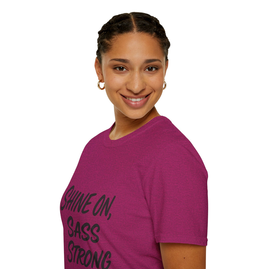 Female model wearing a purple t-shirt with text