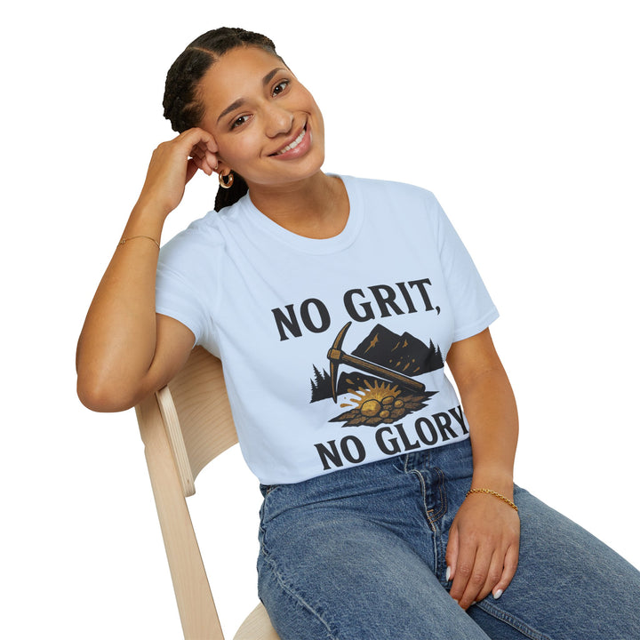 Model wearing a light blue No Grit, No Glory t-shirt 