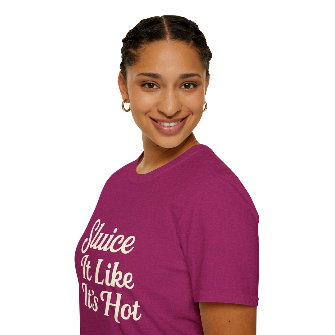 Female model wearing a purple t-shirt with text Sluice It Like It’s Hot, side view