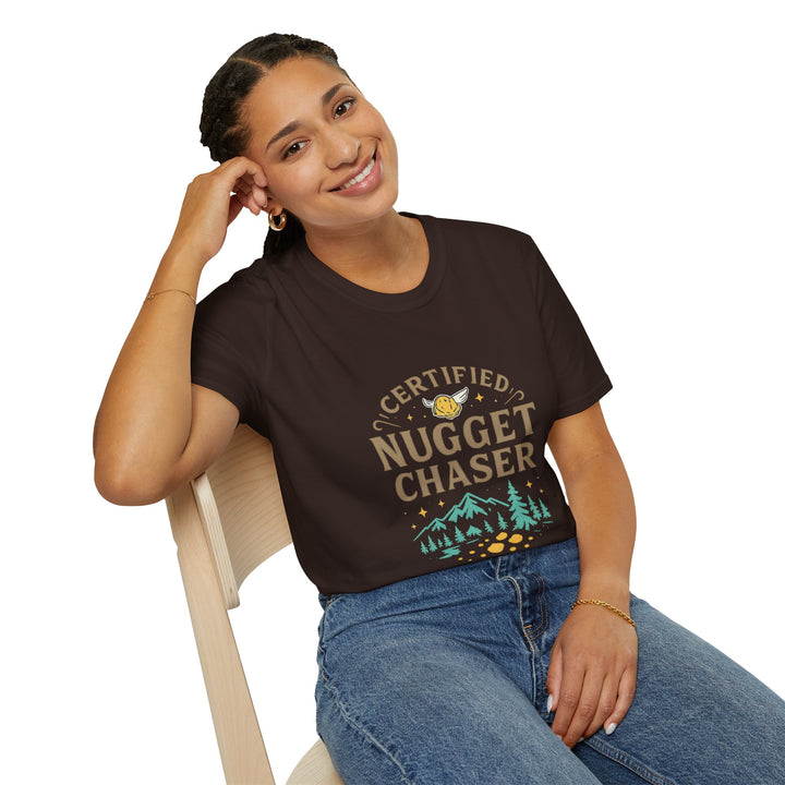 Female model wearing a black t-shirt with 'Certified Nugget Chaser' design, sitting on a chair