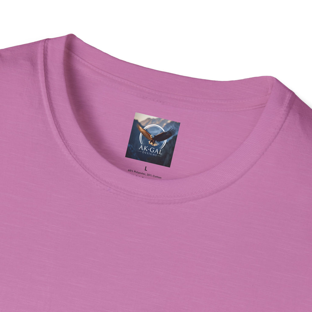 Close-up of a pink t-shirt with a brand label Ak Gal Designs