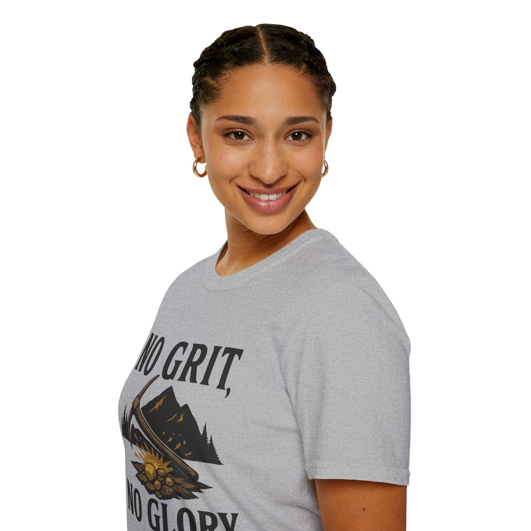 Model wearing a gray No Grit, No Glory t-shirt 