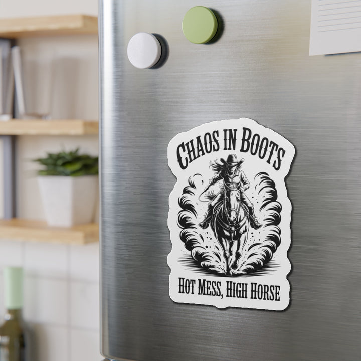 Die-Cut Magnet — "Chaos in Boots" Cowboy Horse Magnet (Hot Mess, High Horse)