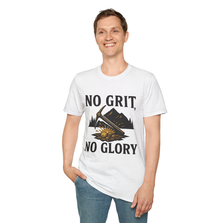 Person wearing a white No Grit, No Glory t-shirt 