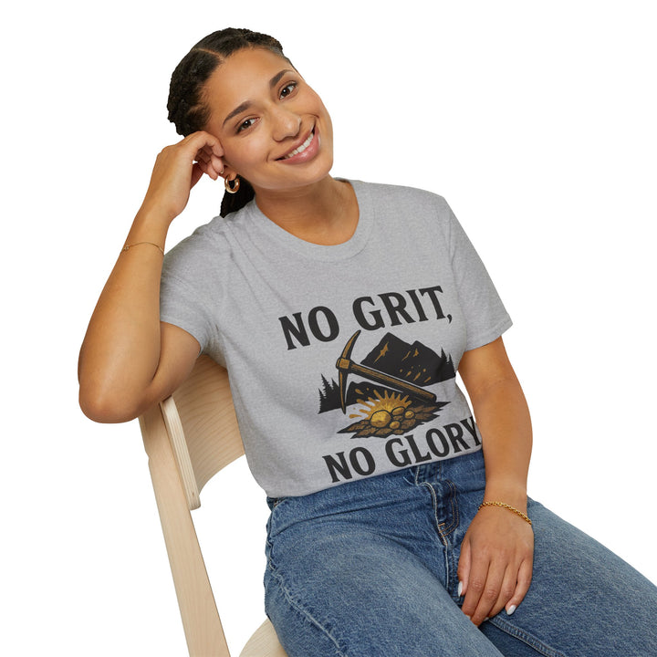 Model wearing a gray No Grit, No Glory t-shirt 