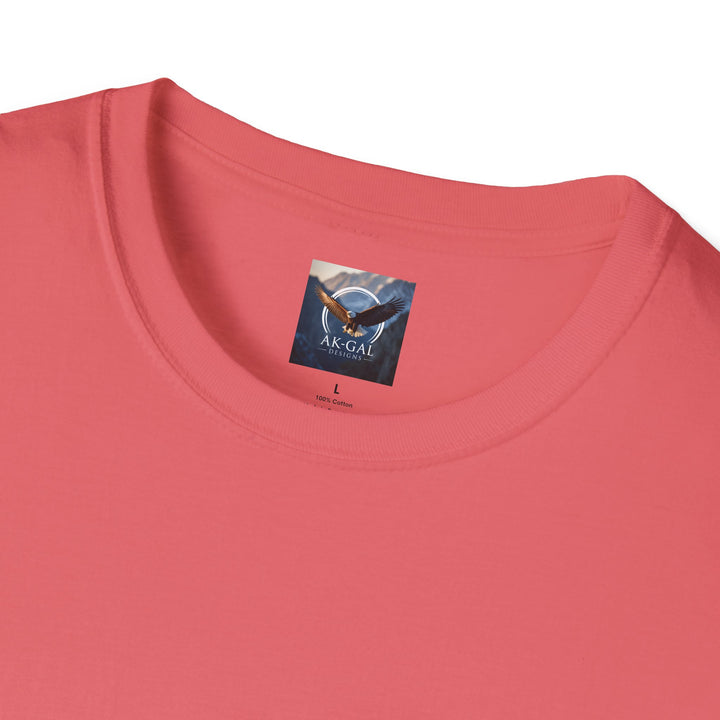 Close-up of a red shirt with a brand label Ak Gal Designs