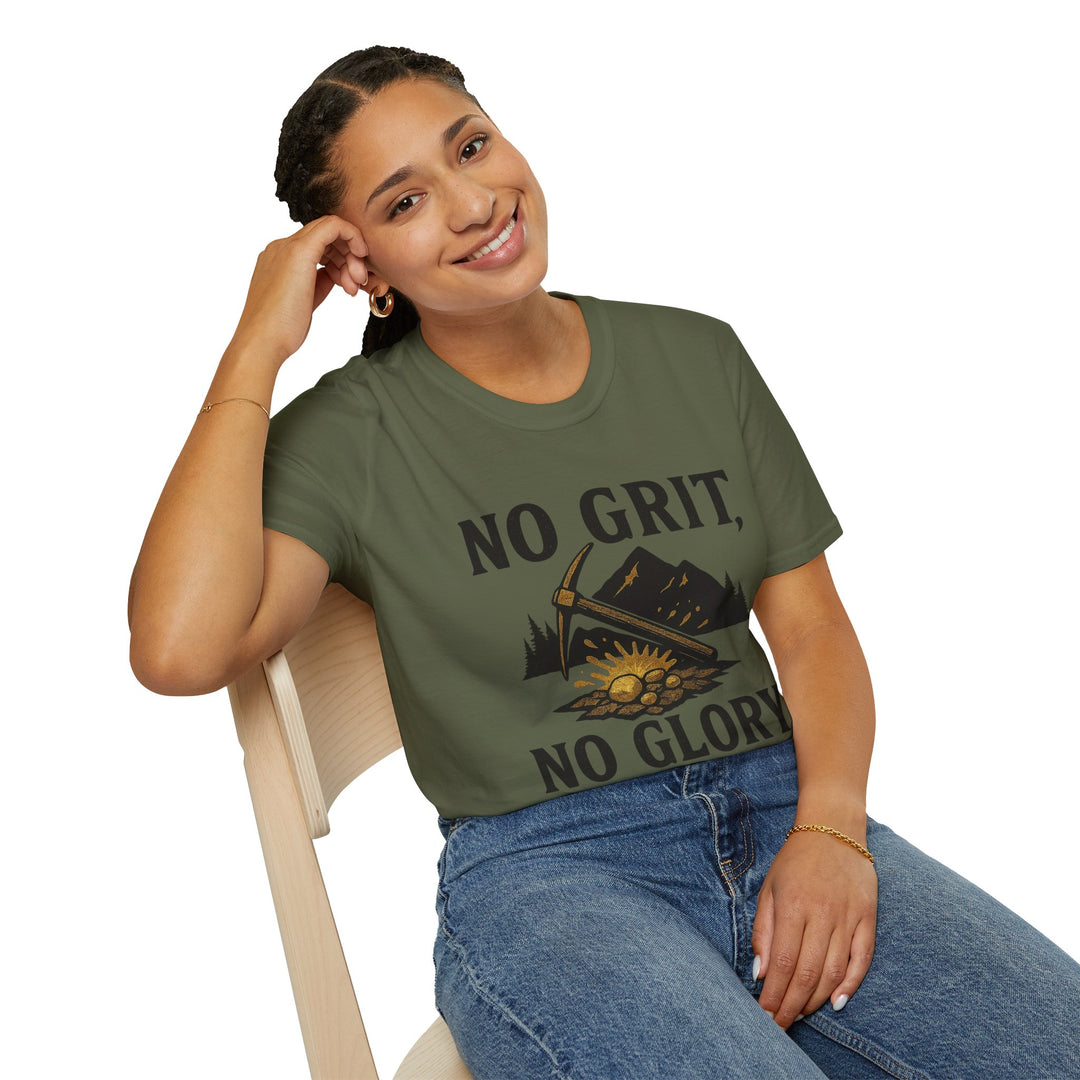 Model wearing a green No Grit, No Glory t-shirt 