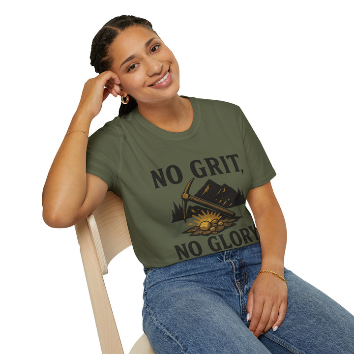 Model wearing a green No Grit, No Glory t-shirt 