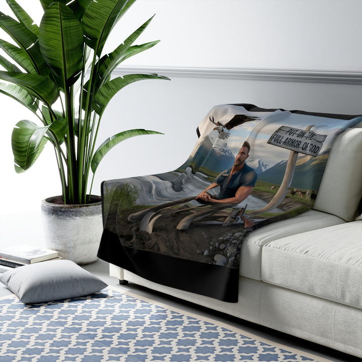 Inspirational Sherpa Fleece Blanket - Put on the Full Armor of God (Sitting) Design