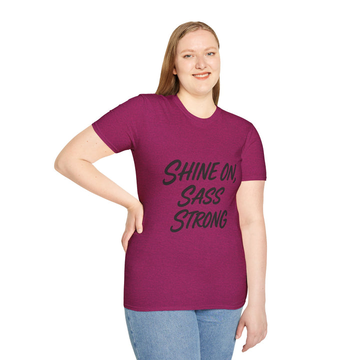 Female model wearing a purple t-shirt with 'Shine On, Sass Strong' text, front view