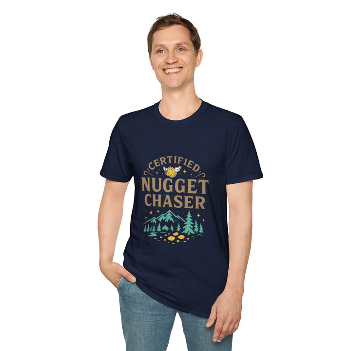 Male model wearing a navy blue t-shirt with 'Certified Nugget Chaser' text, front view