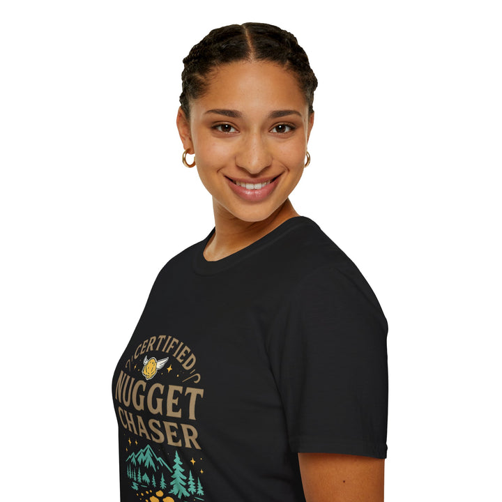 Female model wearing a black t-shirt with 'Certified Nugget Chaser' text, side view