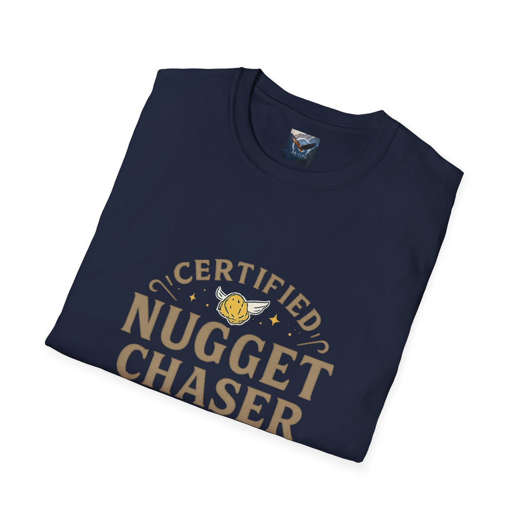 Folded navy blue shirt with 'Certified Nugget Chaser' text 