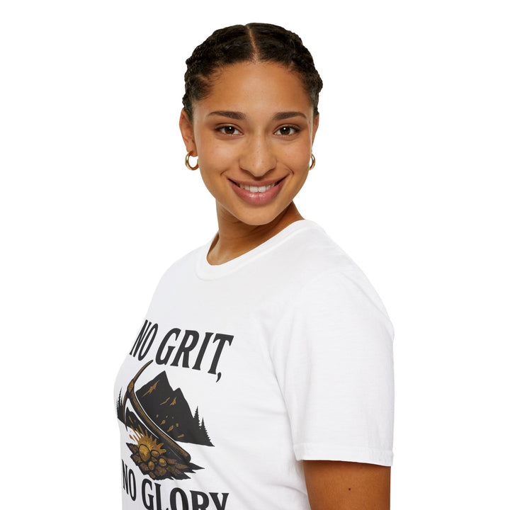 Model wearing a white No Grit, No Glory t-shirt 