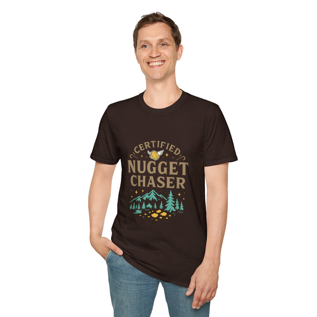 Male model wearing a black t-shirt with 'Certified Nugget Chaser' design, front view
