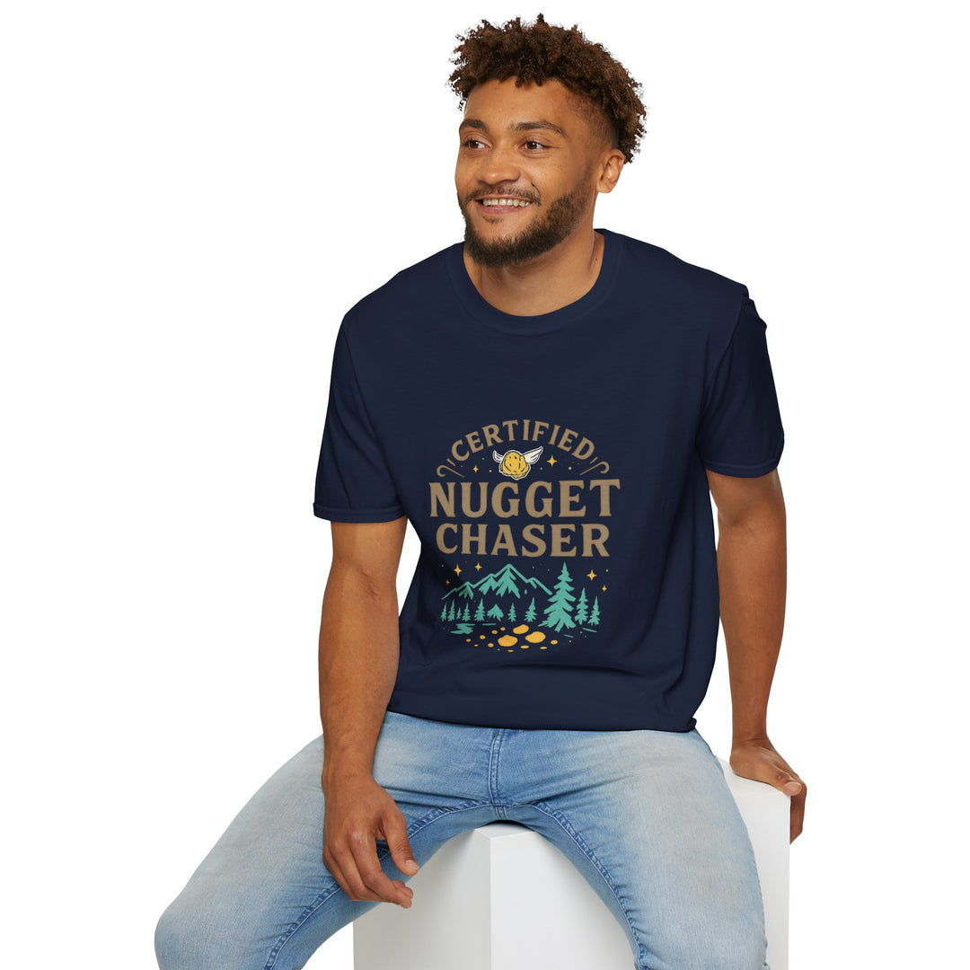 Male model wearing a navy blue t-shirt with 'Certified Nugget Chaser' text, sitting on a stool