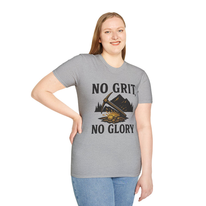 Model wearing a gray No Grit, No Glory t-shirt