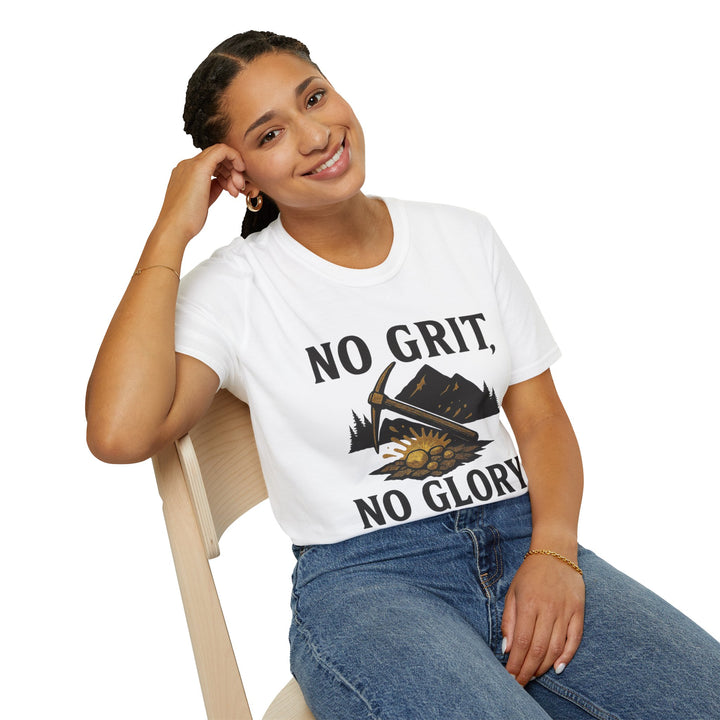 Girl wearing a white t-shirt with 'No Grit, No Glory' text and graphic.