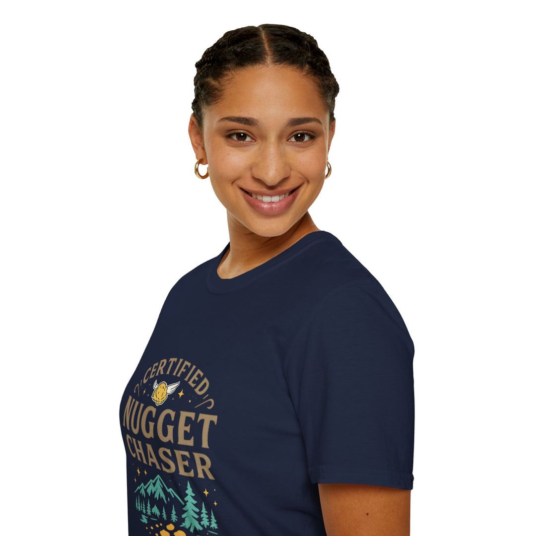 Female model wearing a navy blue t-shirt with 'Certified Nugget Chaser' text, side view