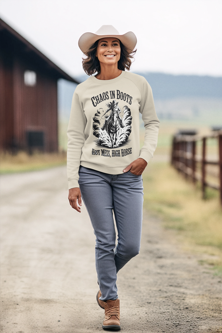 Chaos In Boots Hot Mess, High Horse Crewneck Sweatshirt