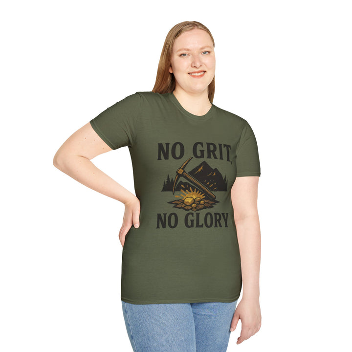 Model wearing a green No Grit, No Glory t-shirt for women