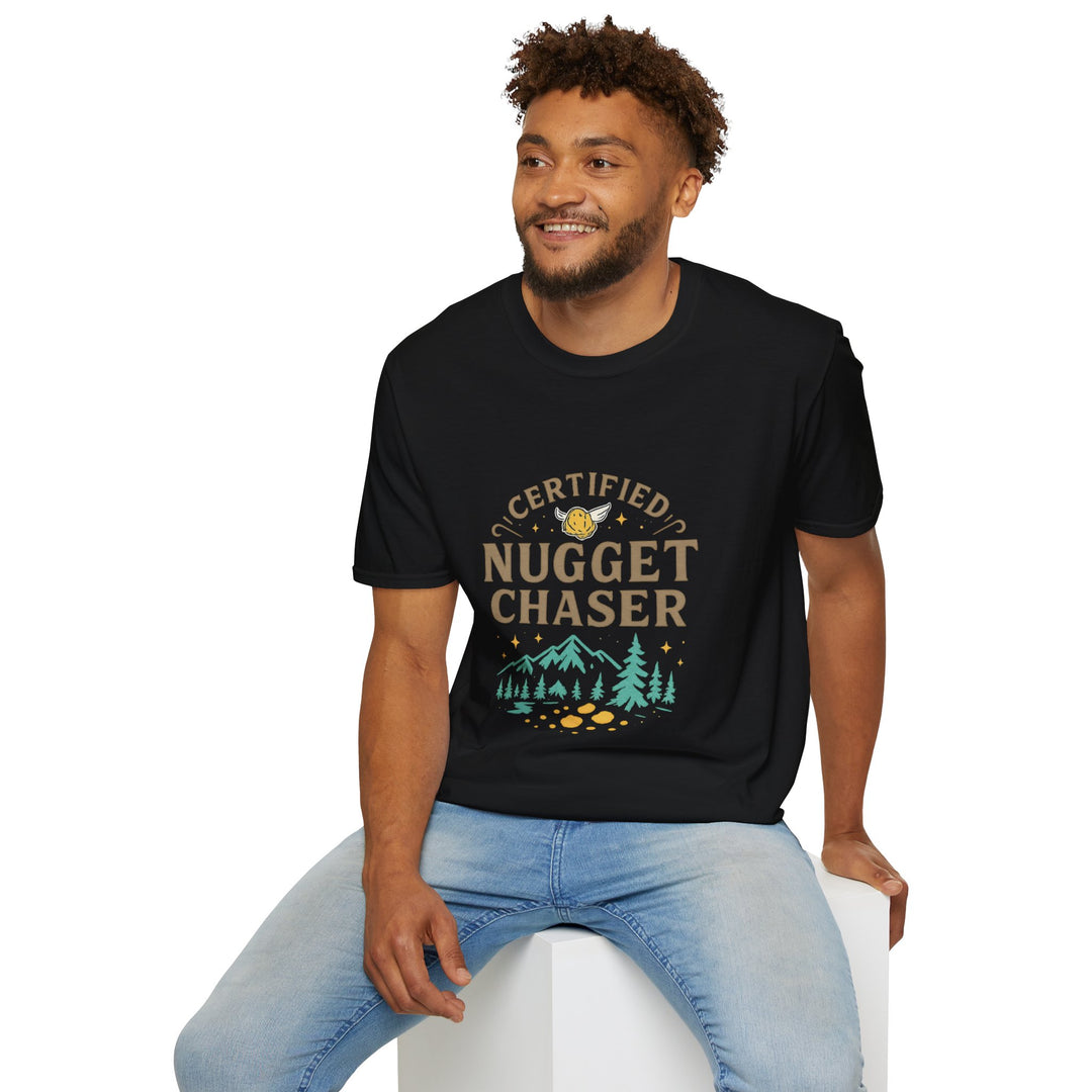 Model wearing a black t-shirt with 'Certified Nugget Chaser' text, sitting on a white stool