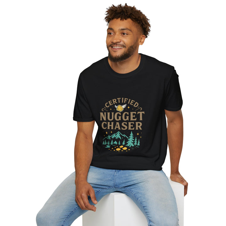 Model wearing a black t-shirt with 'Certified Nugget Chaser' text, sitting on a white stool