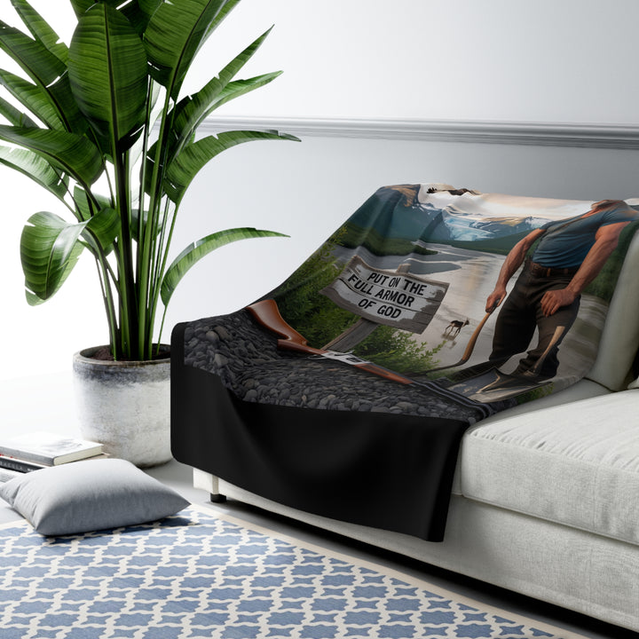 Inspirational Sherpa Fleece Blanket - Put on the Full Armor of God (Standing) Design