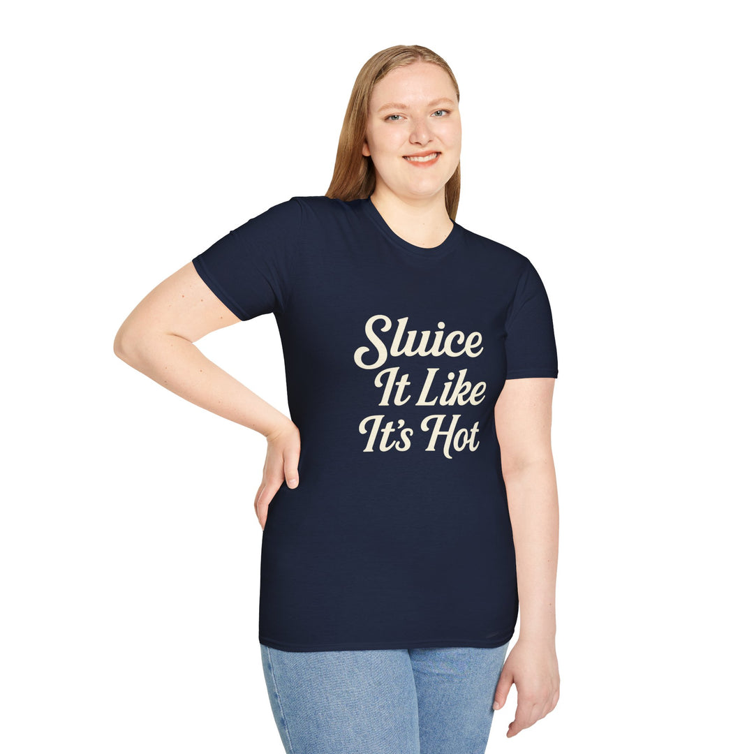 Female model wearing a navy blue t-shirt with 'Sluice It Like It's Hot' text 