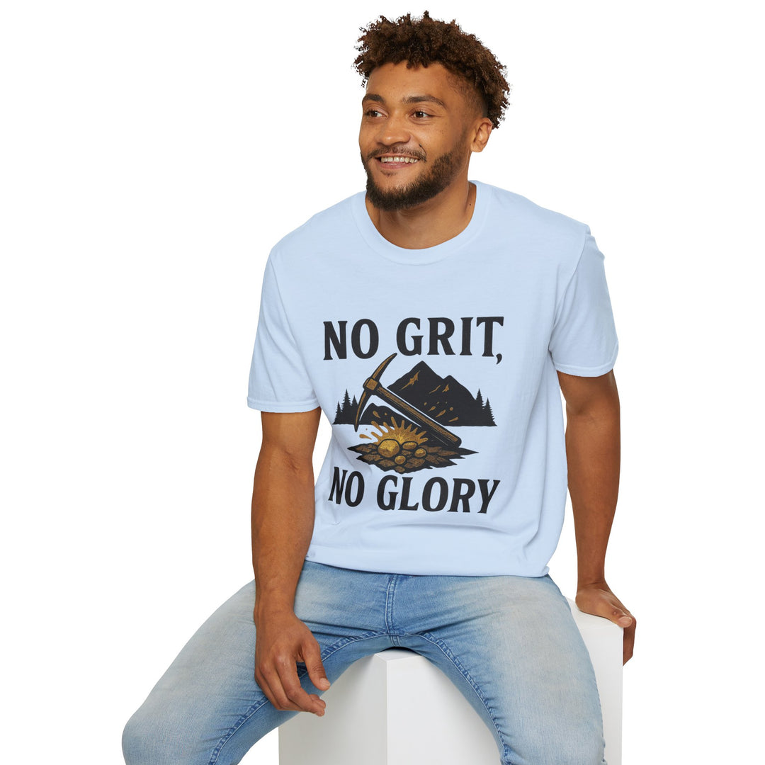 Model wearing a light blue t-shirt with 'No Grit, No Glory' text 