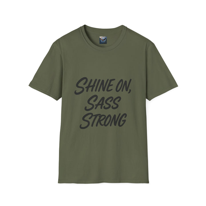 Green t-shirt with 'Shine on, Sass Strong' text