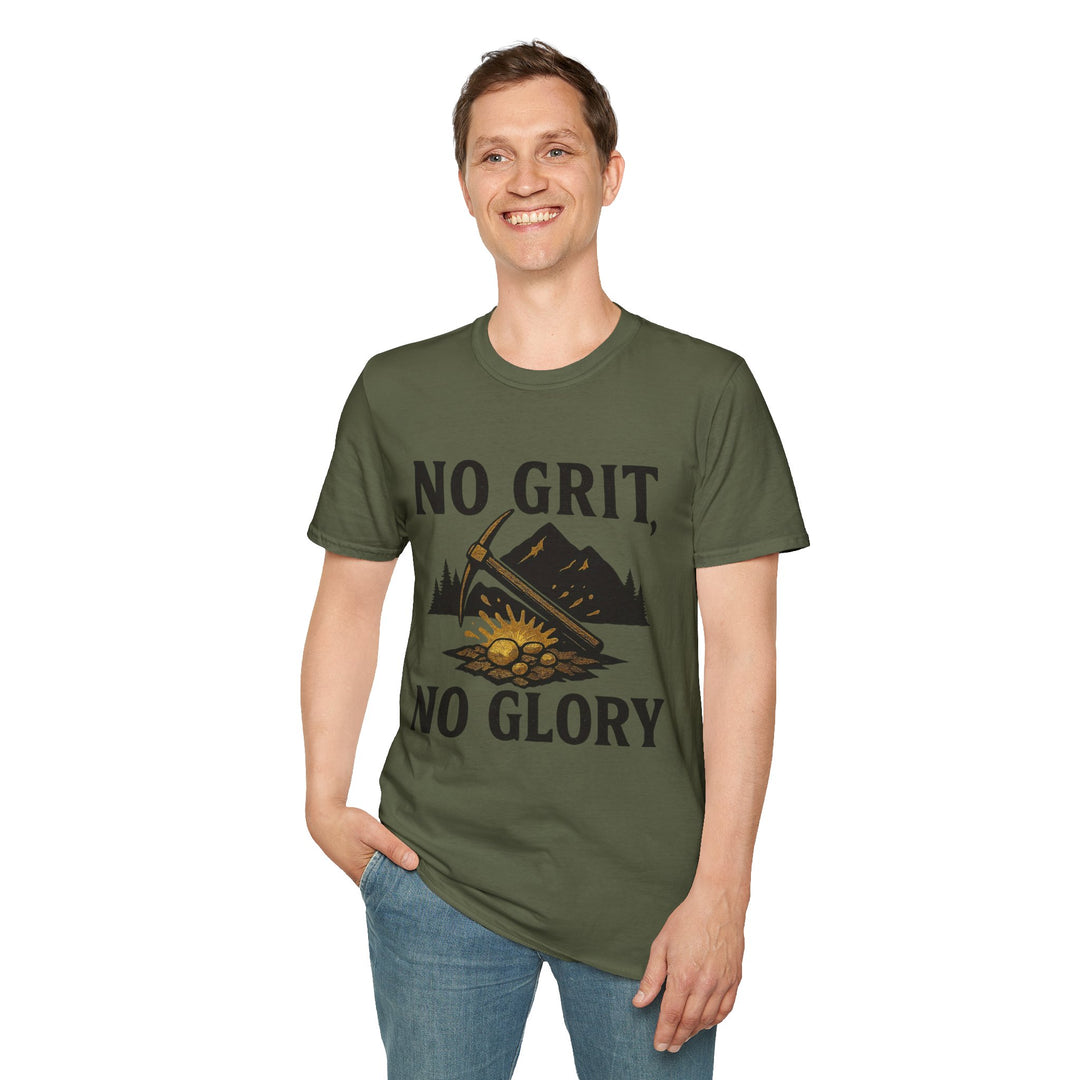 Person wearing a green No Grit, No Glory t-shirt for men