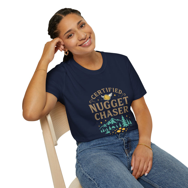 Female model  wearing a navy blue t-shirt with 'Certified Nugget Chaser' text, sitting on a chair