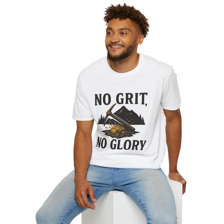 Man wearing a white No Grit, No Glory t-shirt for men