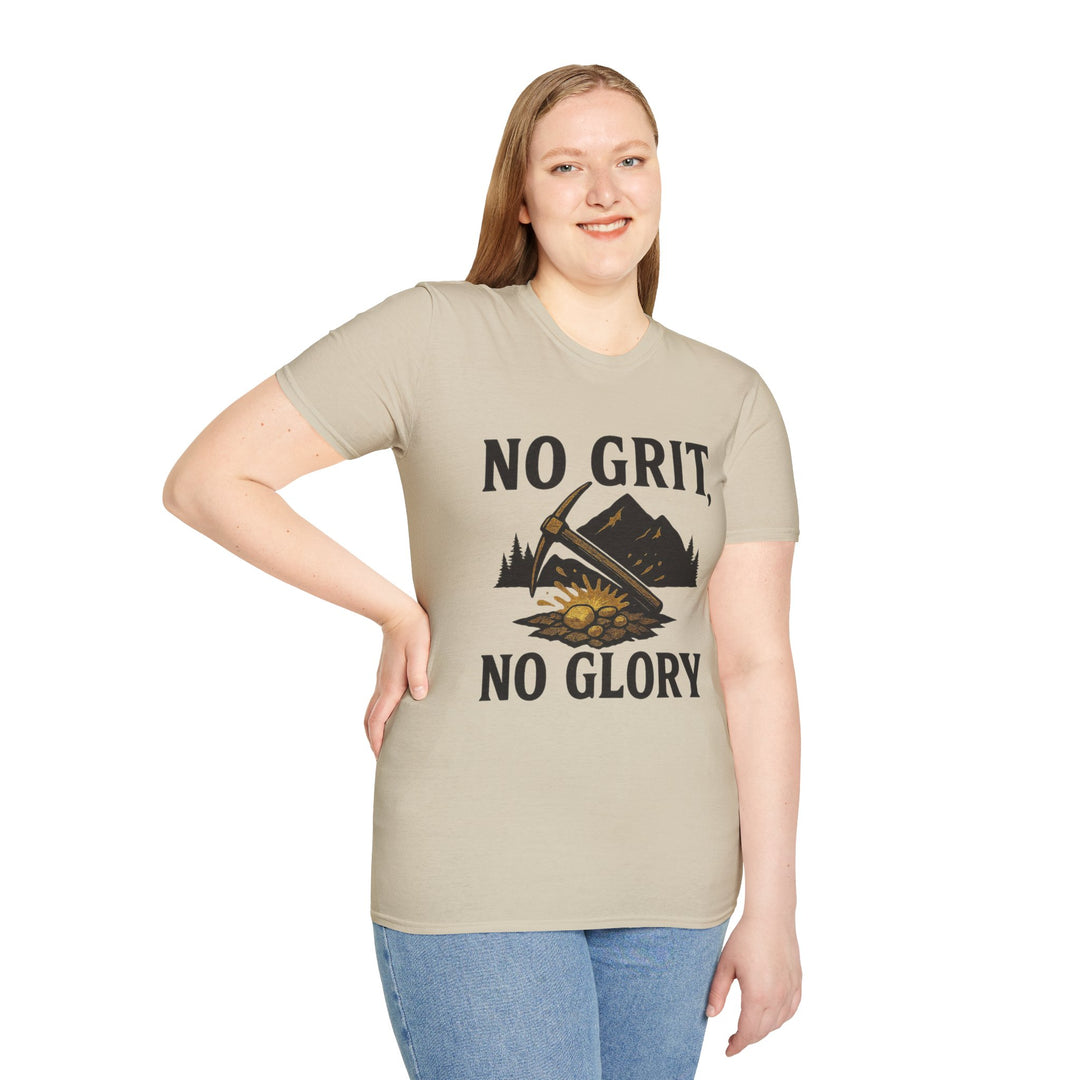 Model wearing a beige No Grit, No Glory t-shirt