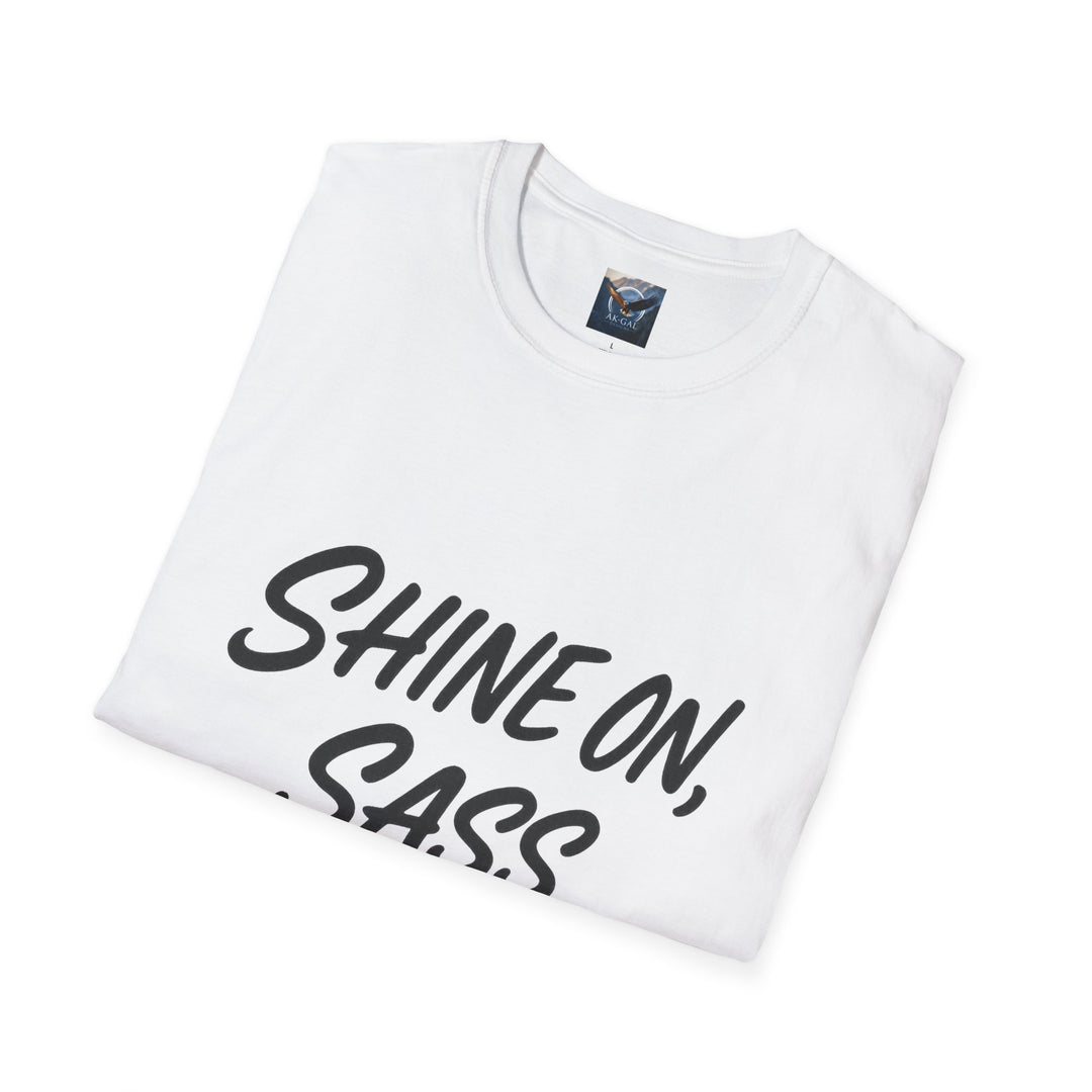 White t-shirt with 'SHINE ON, SASS' text 