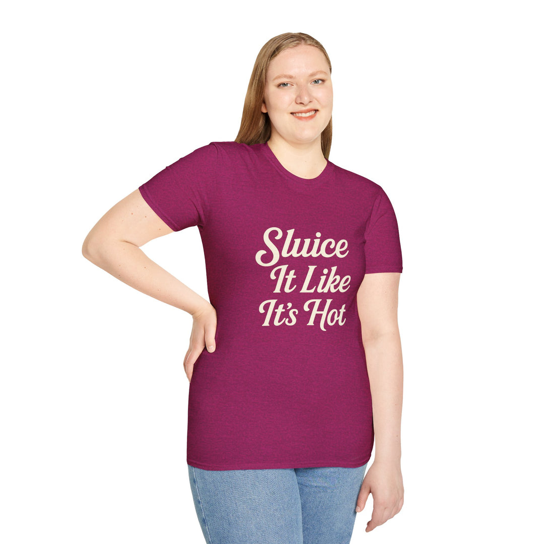 female model wearing a purple t-shirt with text Sluice It Like It’s Hot, front view
