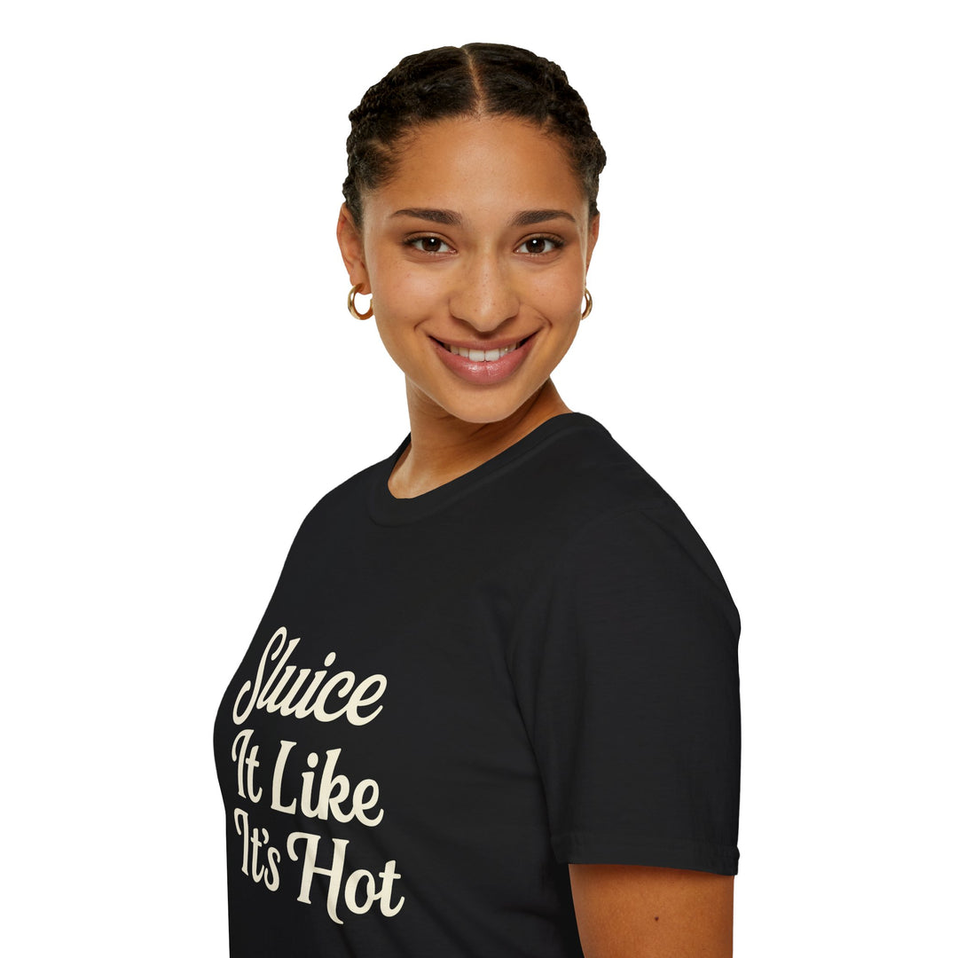 Female model wearing a black t-shirt with text Sluice It Like It's Hot, Side View