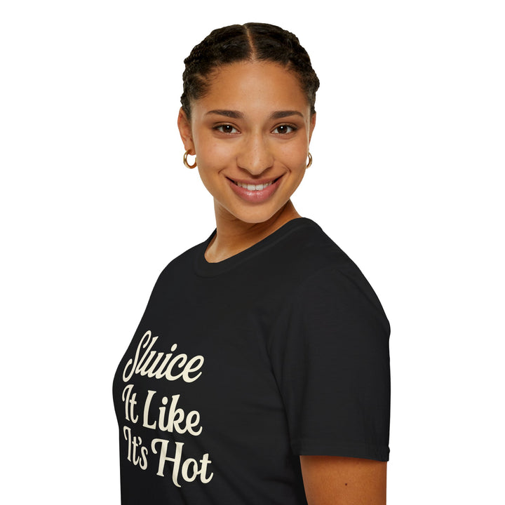Female model wearing a black t-shirt with text Sluice It Like It's Hot, Side View