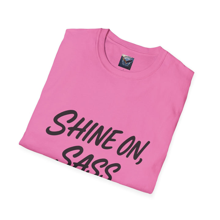 Pink t-shirt with 'SHINE ON, SASS' text 