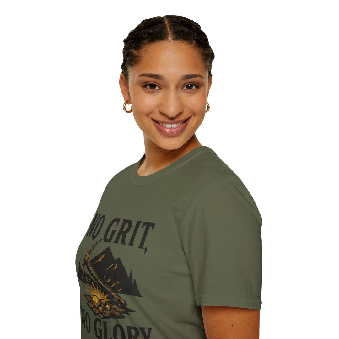 Woman wearing a green No Grit, No Glory t-shirt 