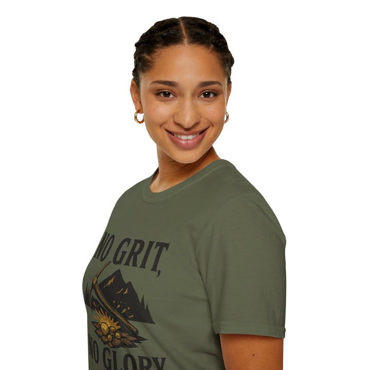 Woman wearing a green No Grit, No Glory t-shirt 