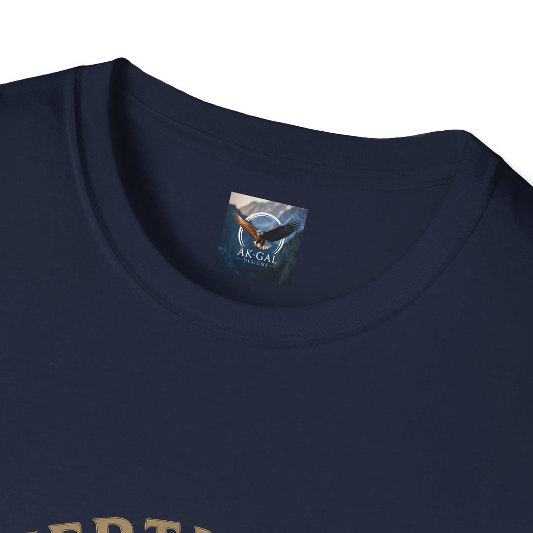 Navy blue t-shirt with a brand label featuring Ak Gal Designs