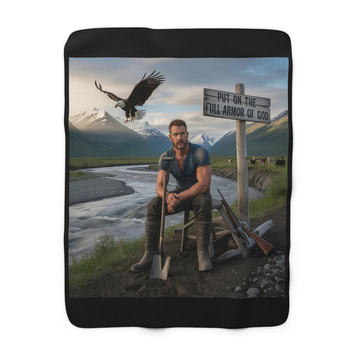 Inspirational Sherpa Fleece Blanket - Put on the Full Armor of God (Sitting) Design
