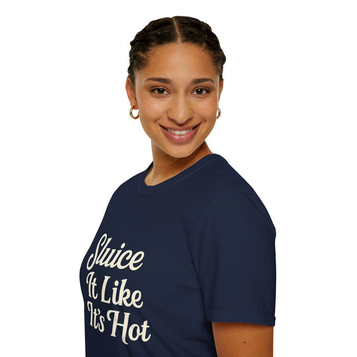 Female model wearing a navy blue t-shirt with white text Sluice It Like It's Hot, side view